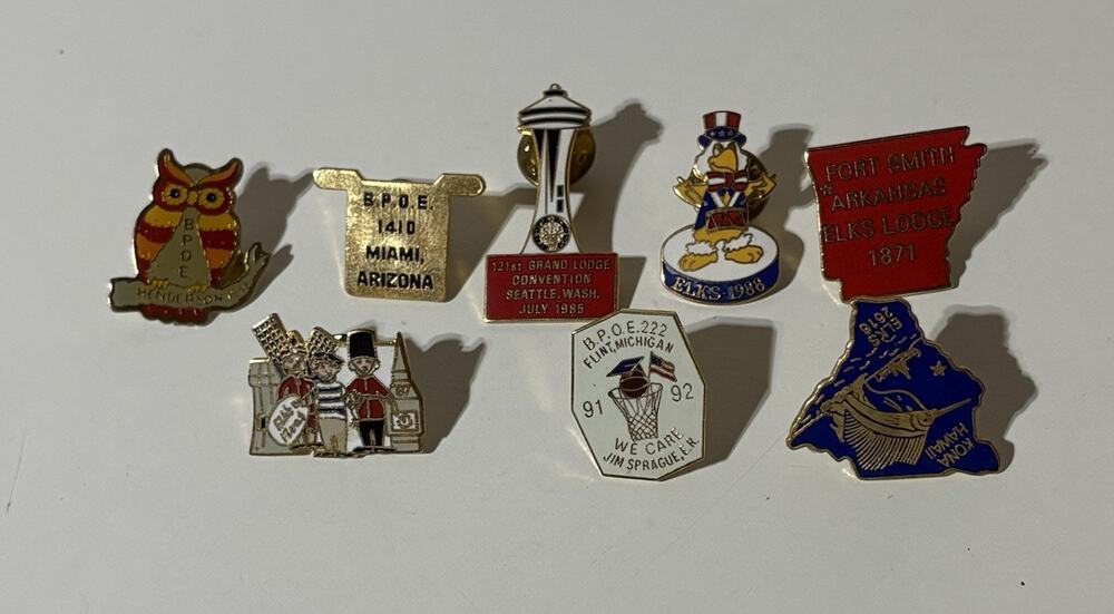Vintage Lot of 8 BPOE Elks Lapel Pins: Hawaii, Arizona, Seattle, Elks Float